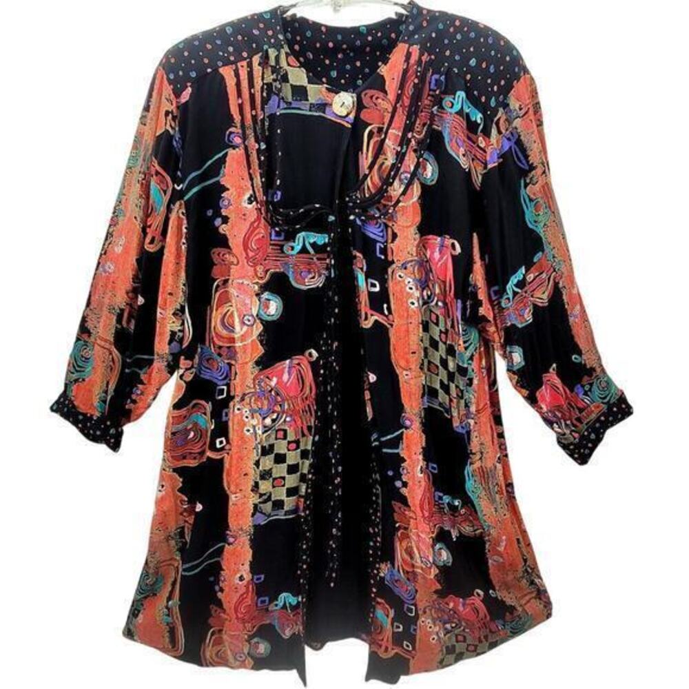 Susan Burrowes Vintage 80s‎ Geometric Tassels Flowy Open Cardigan Long Jacket